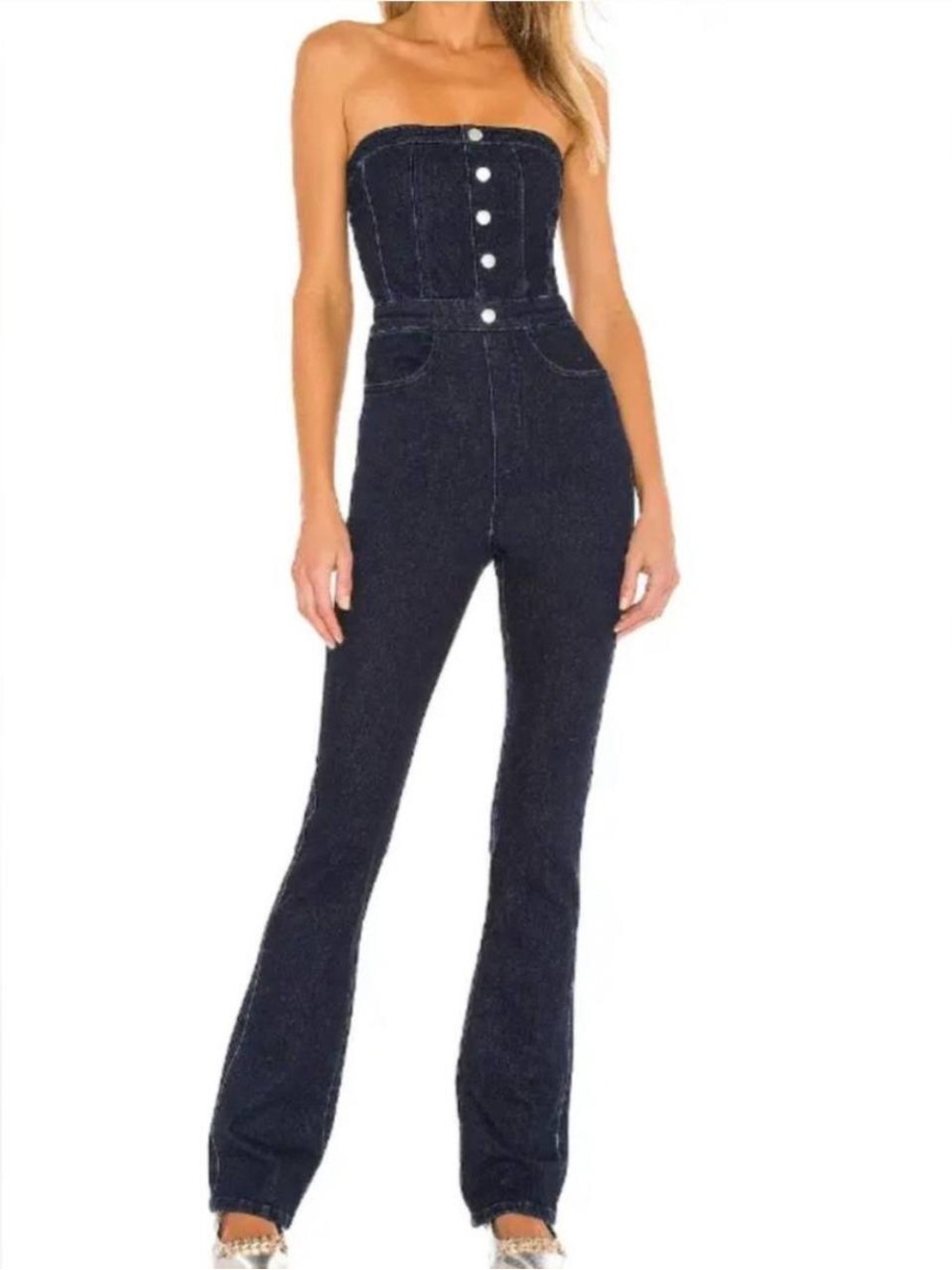 Weworewhat Dark Navy High-Waist Denim Jumpsuit 0